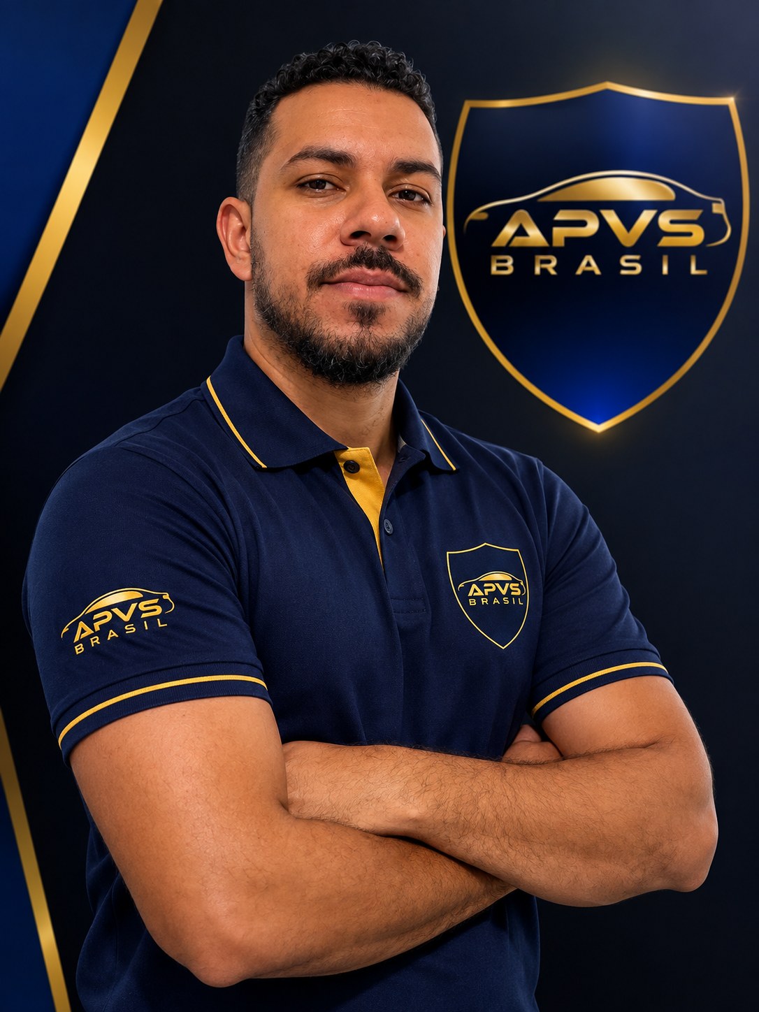 Gledson Brito, Consultor APVS, em frente ao escudo APVS Brasil